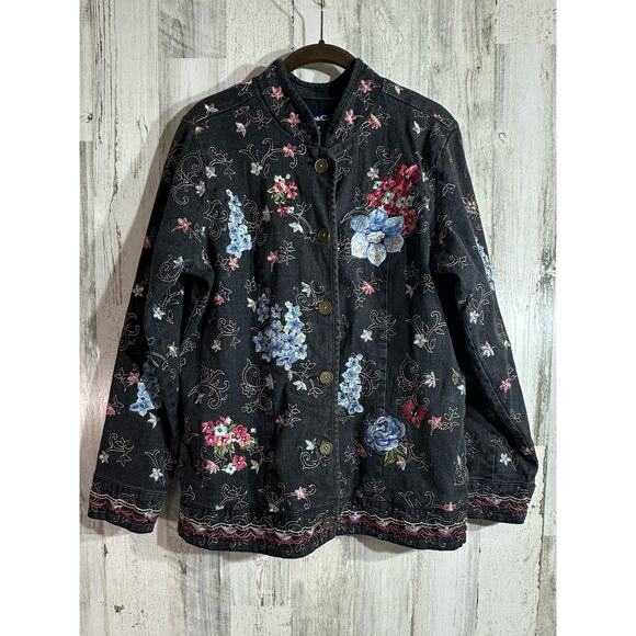 Denim & Co Denim Jacket Charcoal Gray Wash Multicolor Floral Embroidery Medium - Picture 1 of 9